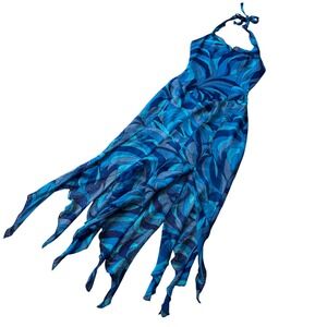 Vintage y2k Blue Halter Dress Abstract Carwash panel fringe Jellyfish Fairy